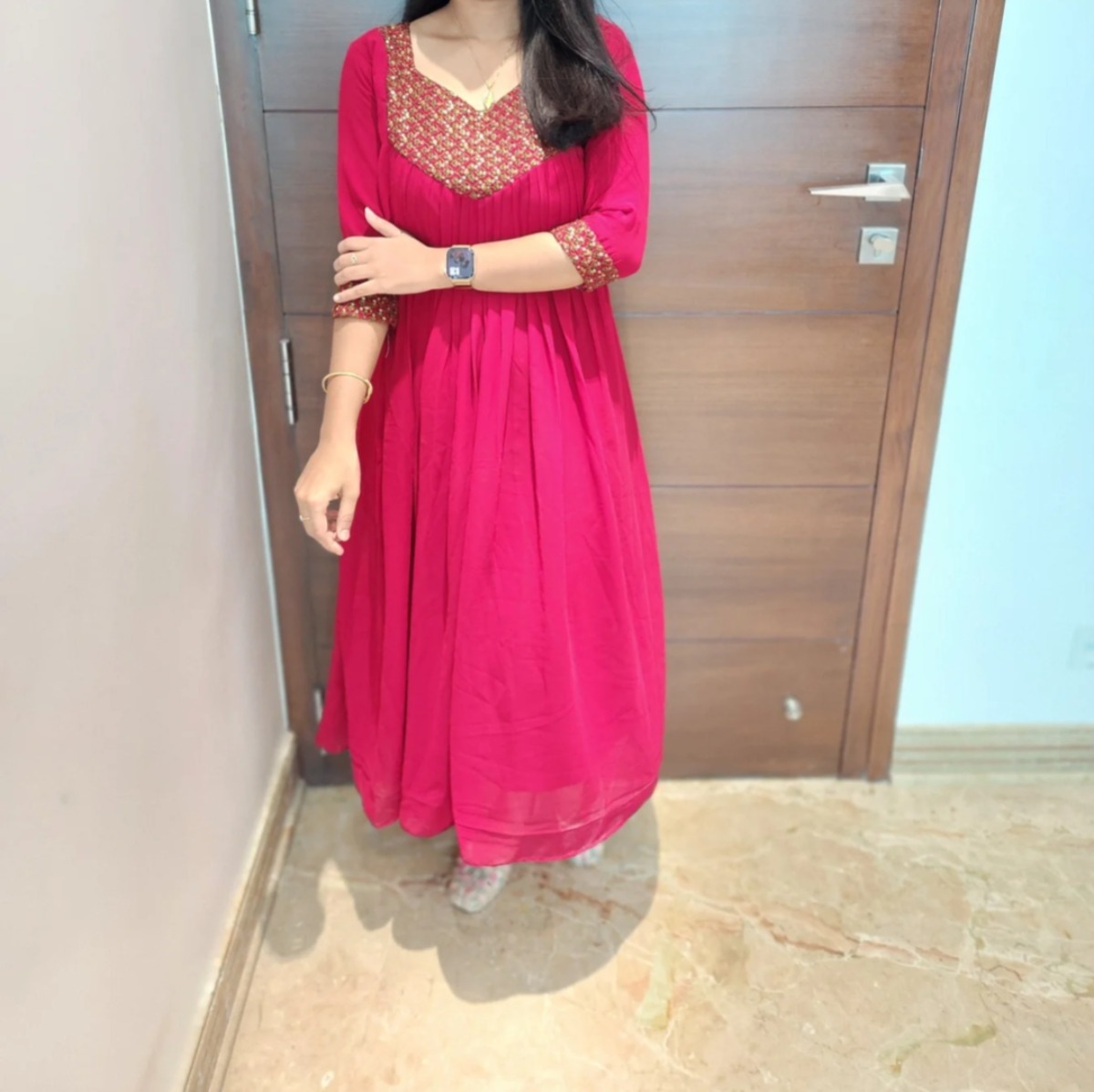 Anbarasi: Georgette A-Line Kurti with Handwork & Crepe Lining | Aarral Fashion