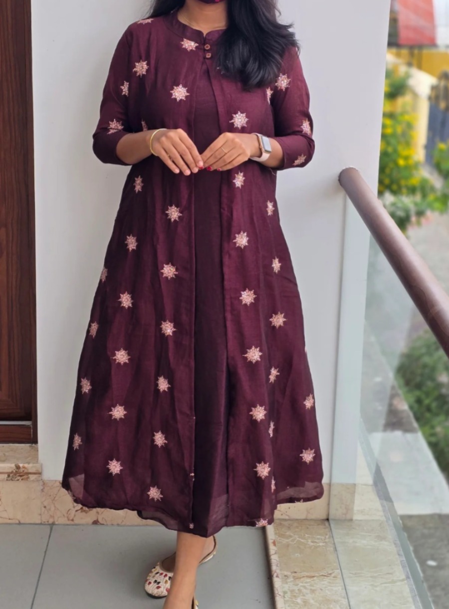 Anbarasi: Vichitra Silk Umbrella Kurti Set | Detachable Coat, Wine Color, Sizes S-XXL , Lining, Sizes S-XXL