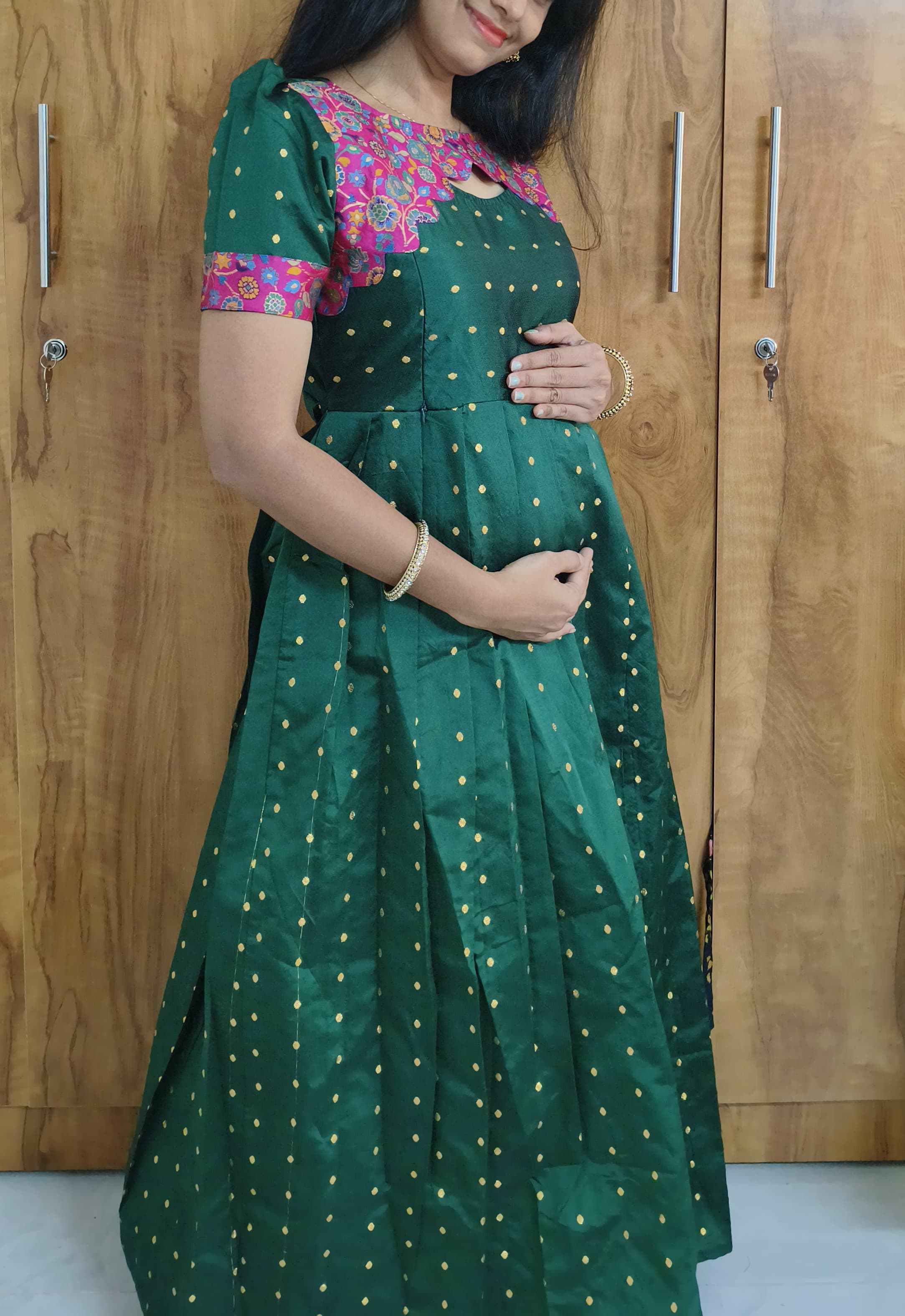 Traditional Silk Feeding Dress with Puff Sleeves & Crepe Lining