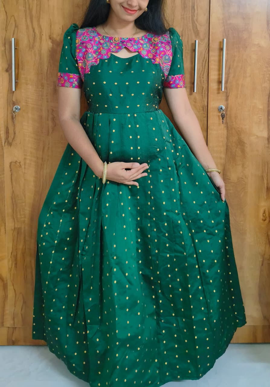 Anbarasi: Traditional Silk Feeding Dress with Puff Sleeves & Crepe Lining