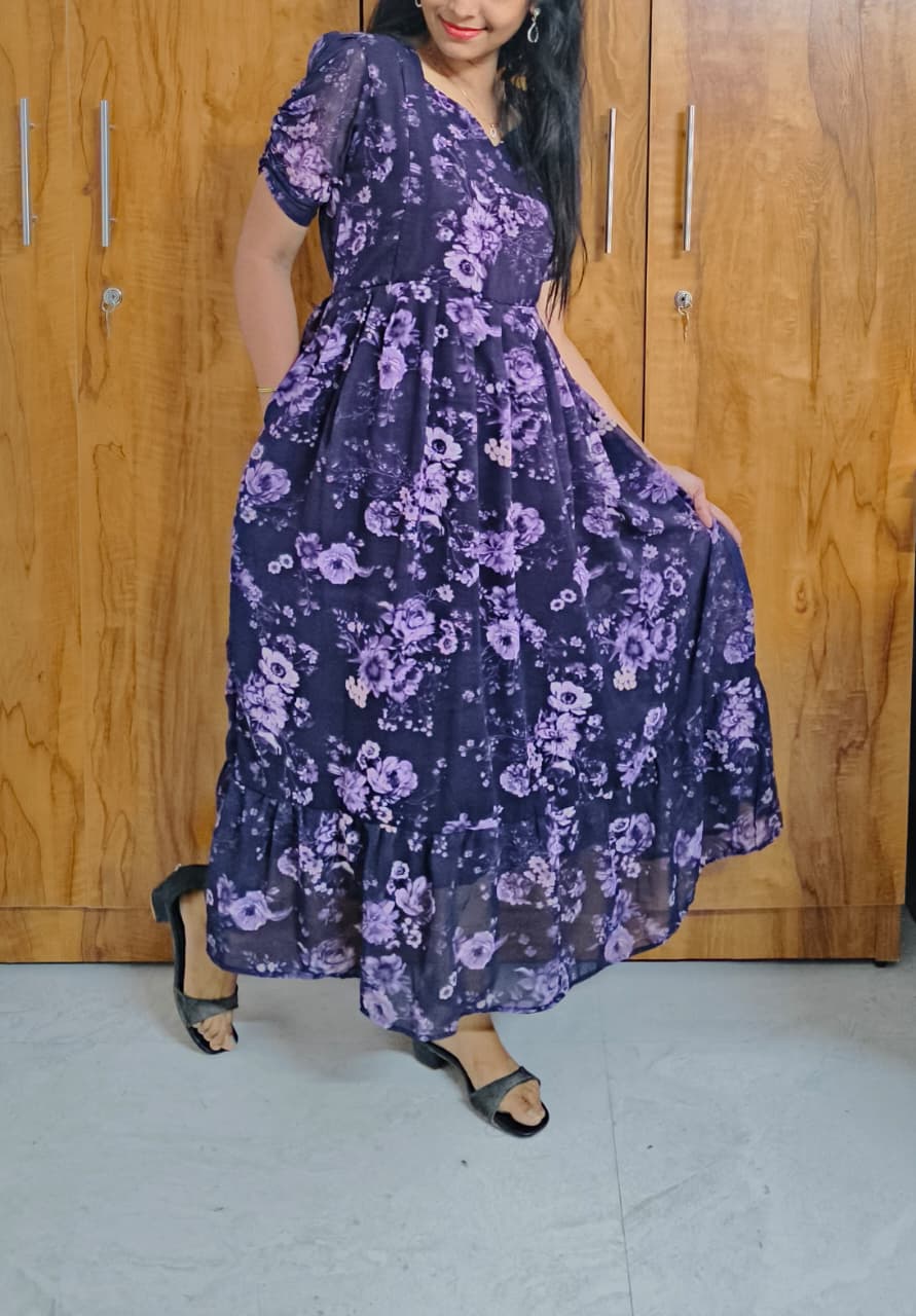 Anbarasi: Georgette 2-Tier Maxi Feeding Dress with Floral Print & Invisible Zips