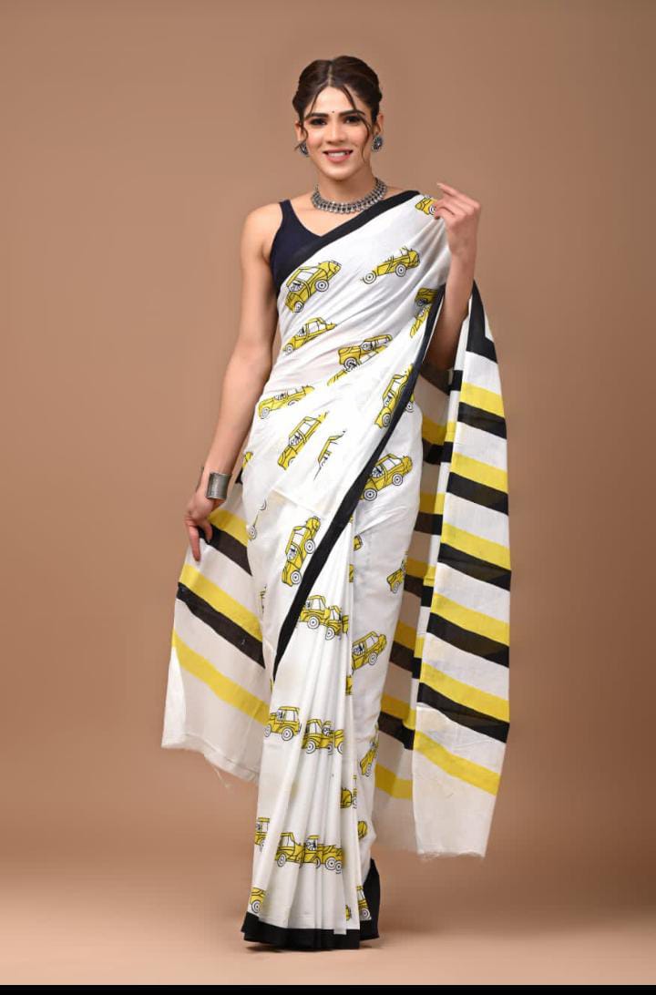 Pure mulmul cotton saree with contrast blouse 