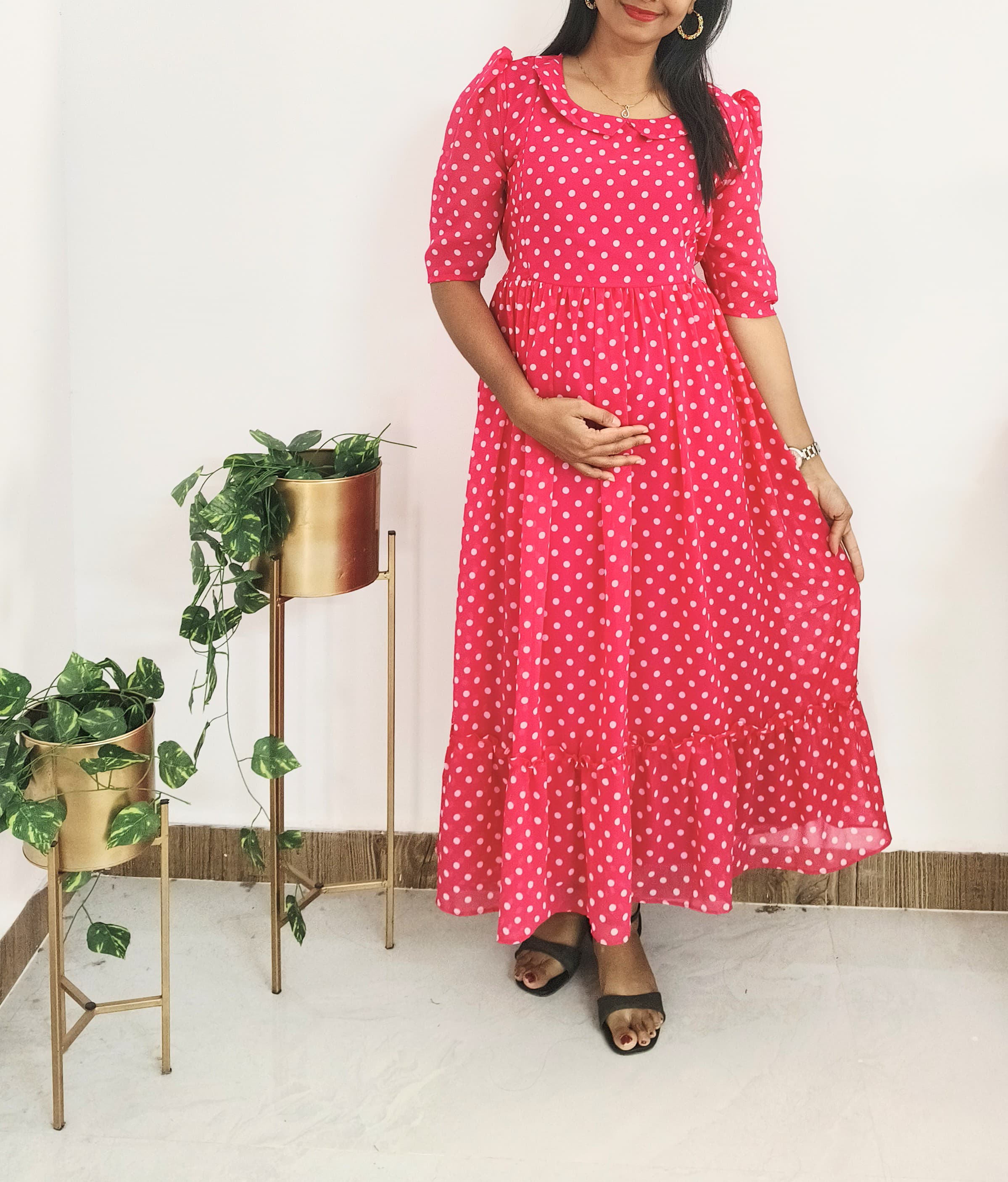 Stylish pink Georgette polka Peter Pan neck with side pocket