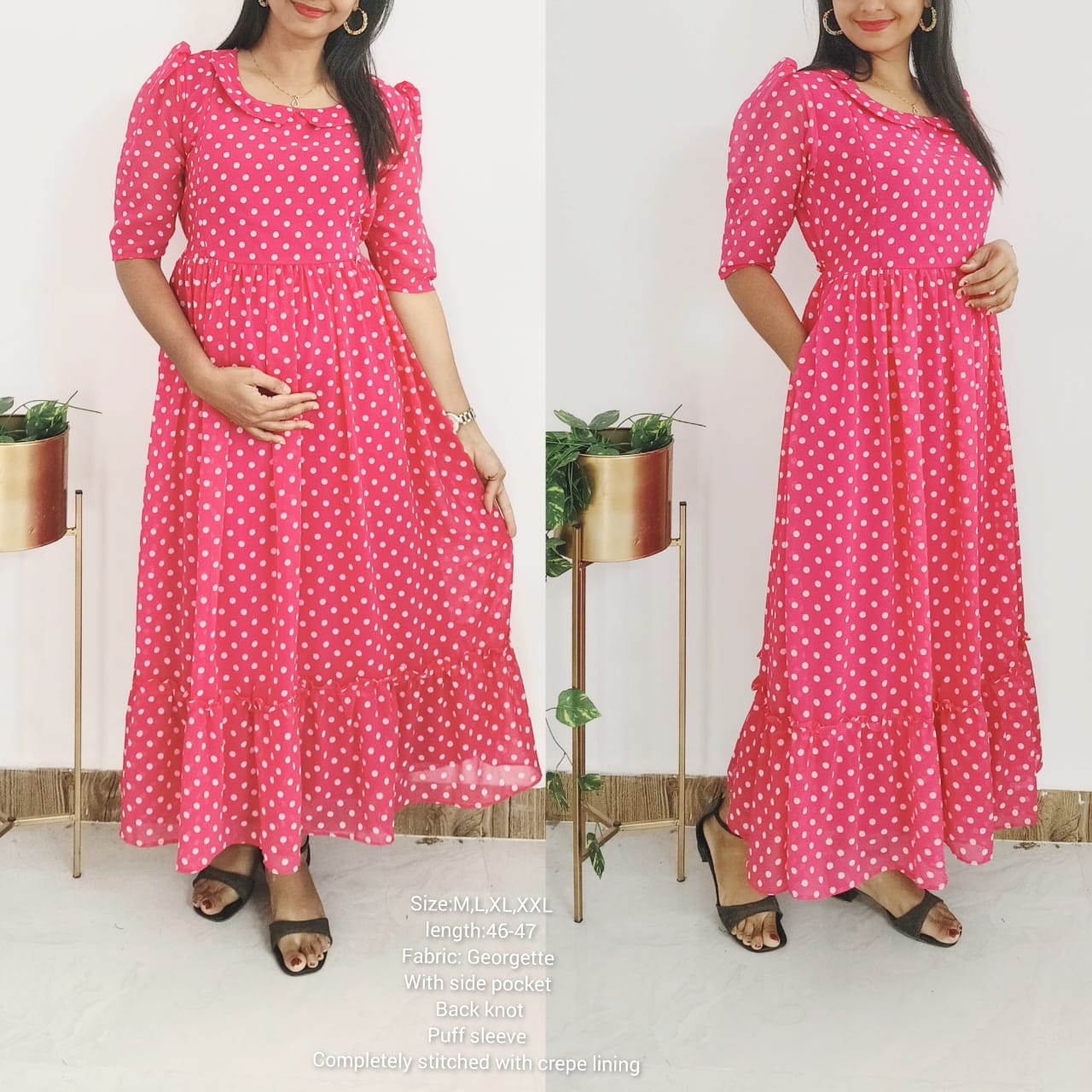 Anbarasi: Stylish pink Georgette polka Peter Pan neck with side pocket