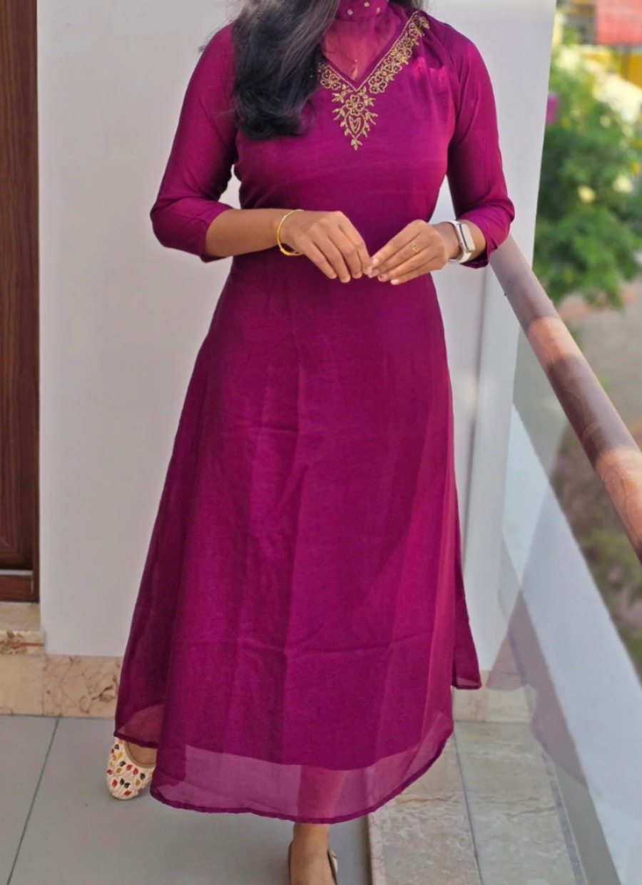 Anbarasi: Vichitra silk straight cut kurtis with heavy neck work 