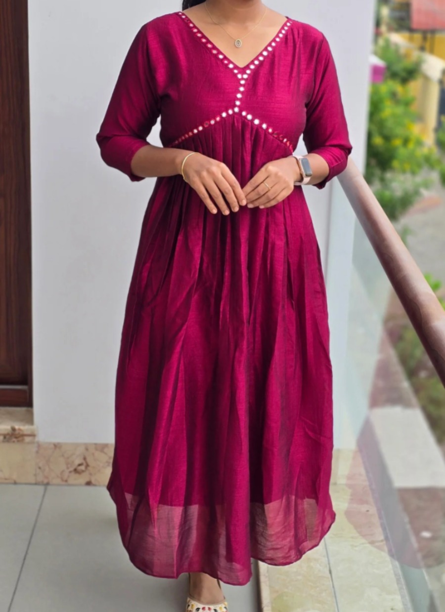 Anbarasi: Aliya Cut Kurtis in Vichitra Silk - 3/4 Sleeves, With Lining (S to XXL, 44 Inch Height)
