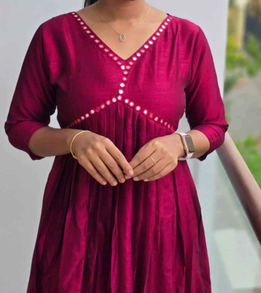 Anbarasi: Aliya Cut Kurtis in Vichitra Silk - 3/4 Sleeves, With Lining (S to XXL, 44 Inch Height)
