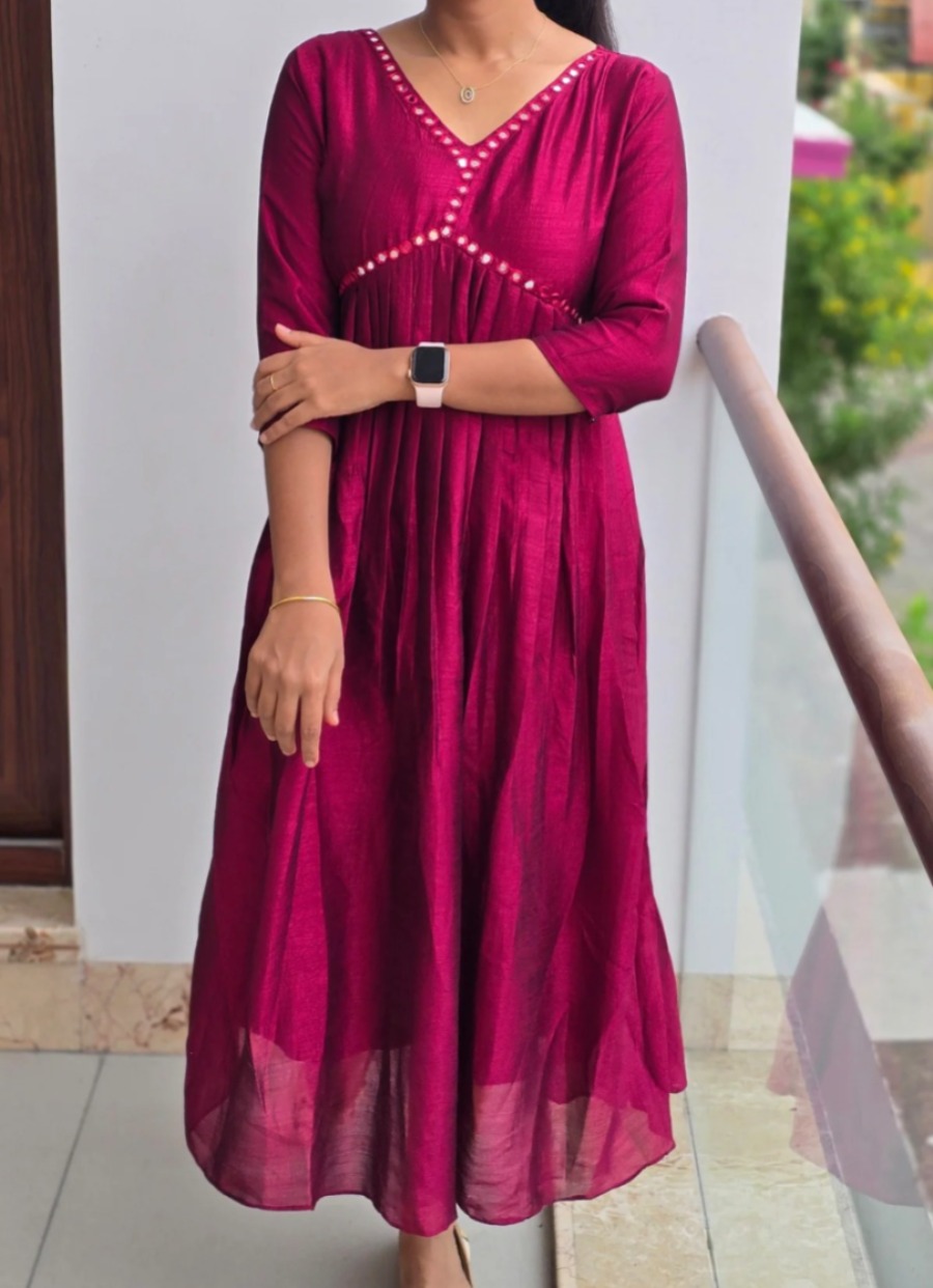 Anbarasi: Aliya Cut Kurtis in Vichitra Silk - 3/4 Sleeves, With Lining (S to XXL, 44 Inch Height)
