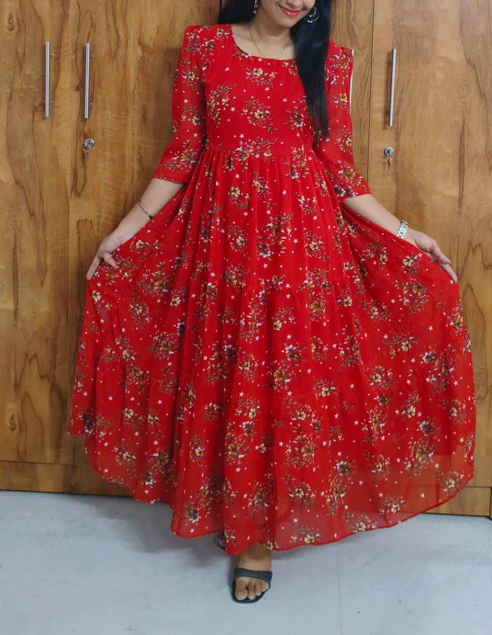 Anbarasi: Pure Georgette 3-Tier Maxi Feeding Dress with Invisible Zips & Lining