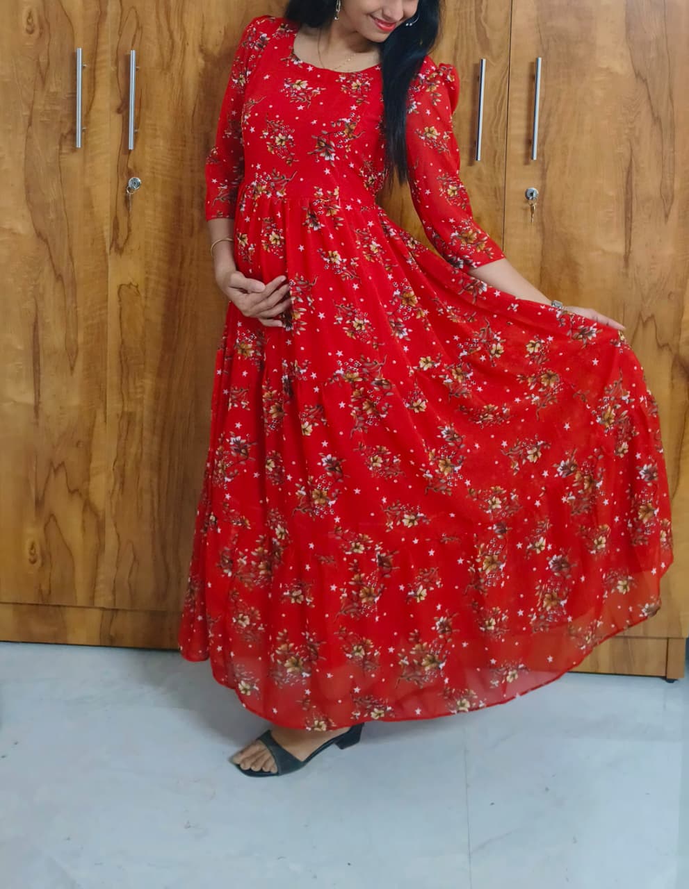 Anbarasi: Pure Georgette 3-Tier Maxi Feeding Dress with Invisible Zips & Lining