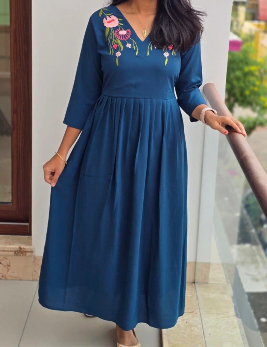 Anbarasi: Umbrella Maxi Dress in Fluffy Rayon with Lining - 3/4 Sleeve, 46 Inch Length, Sizes S-XXL