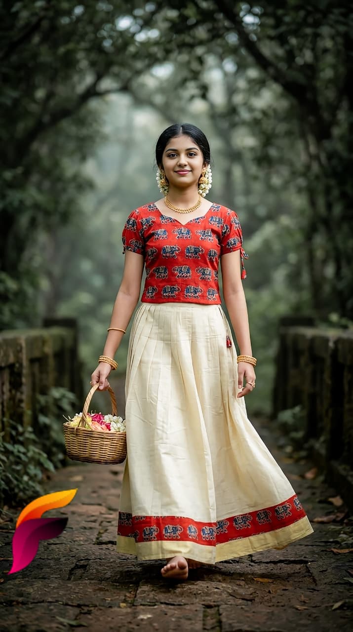 Anbarasi: Kids Onam Collection Tissue Skirt & Cotton Top Set with Lining