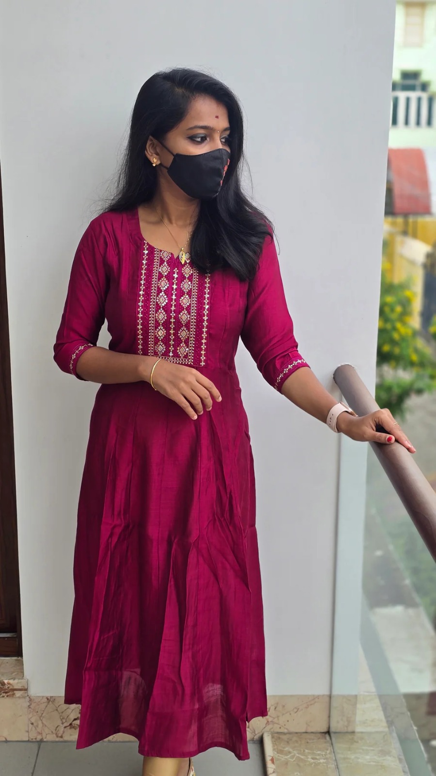 Anbarasi:  Anarkali Cotton Kurti with 3/4 Sleeves - 45 Inch Height, Sizes S to XXL