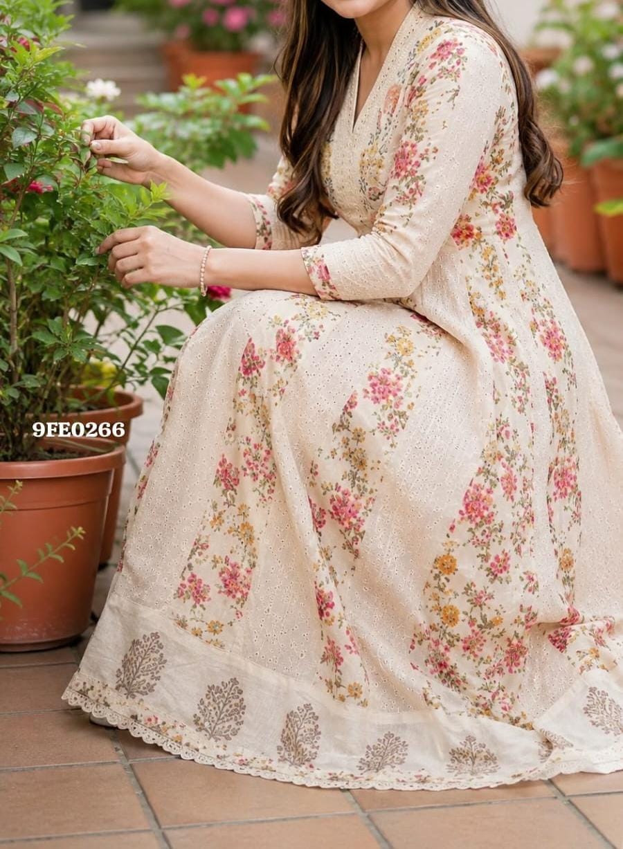 Anbarasi: Premium Mul Cotton Panel Cut Anarkali Kurti with Lining & Thread Work