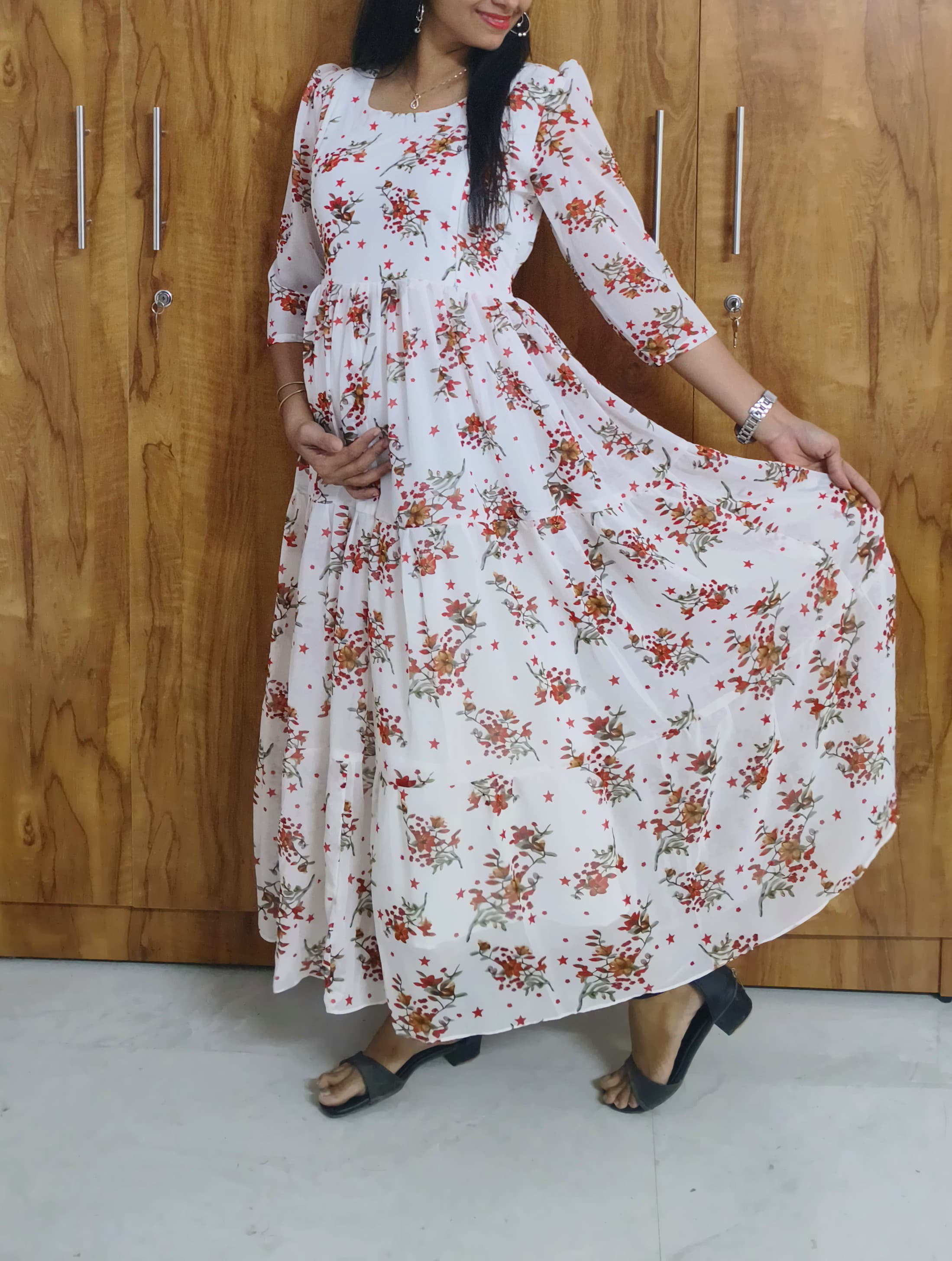 Pure Georgette 3-Tier Maxi Feeding Dress with Full Lining & Invisible Zips