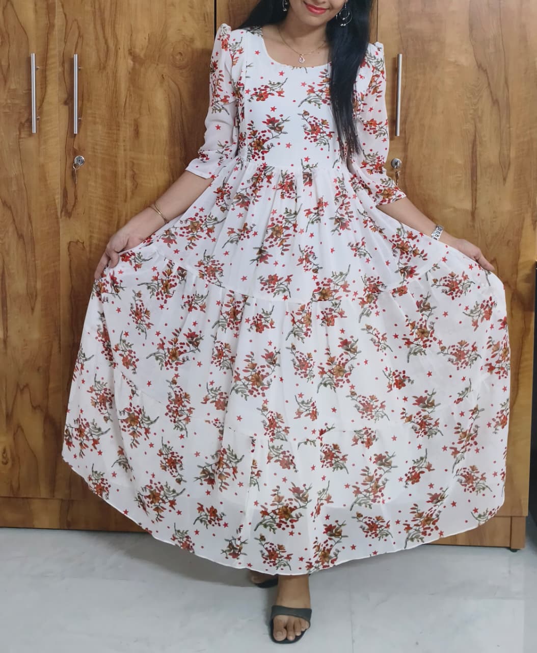 Anbarasi: Pure Georgette 3-Tier Maxi Feeding Dress with Full Lining & Invisible Zips