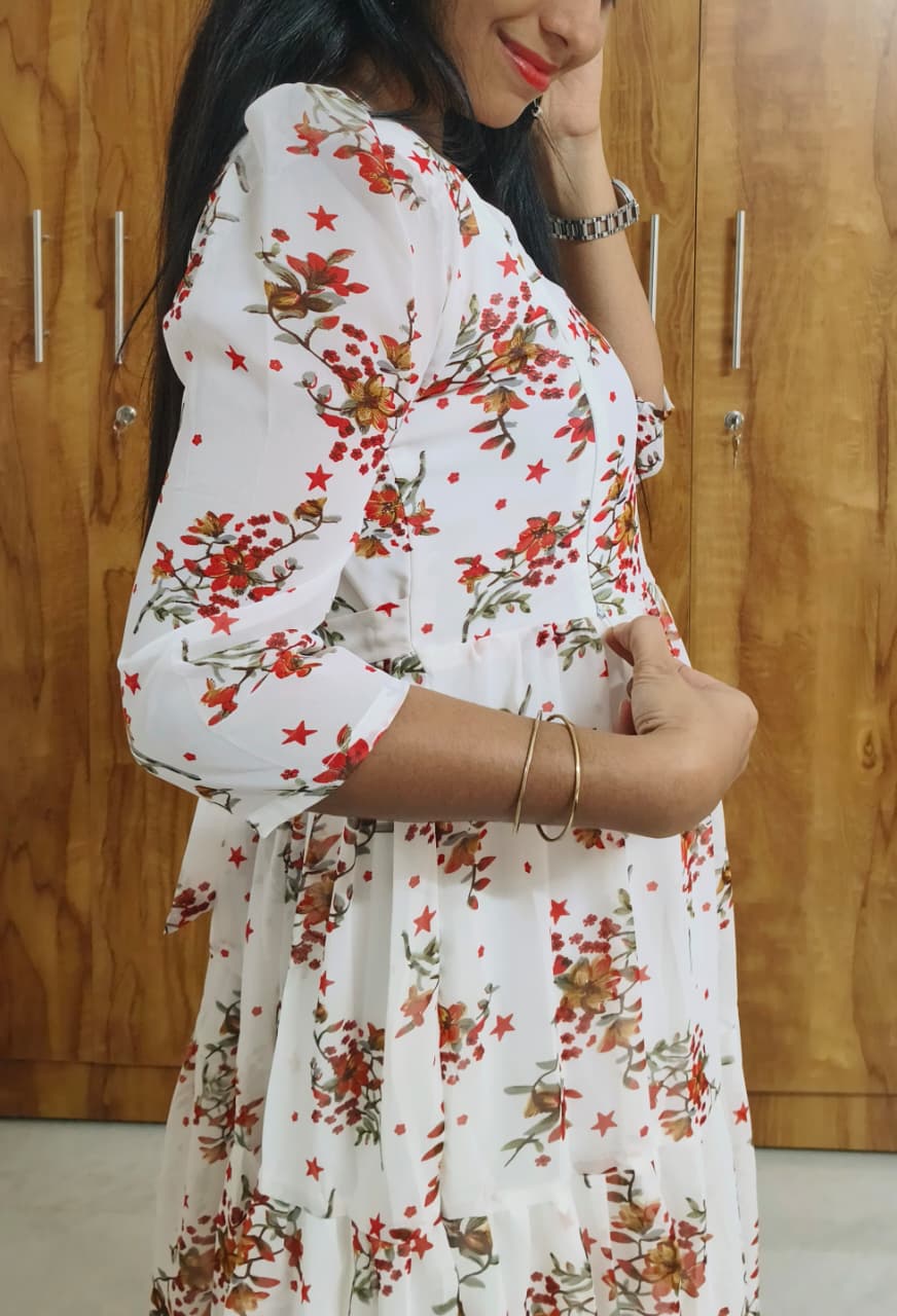 Anbarasi: Pure Georgette 3-Tier Maxi Feeding Dress with Full Lining & Invisible Zips