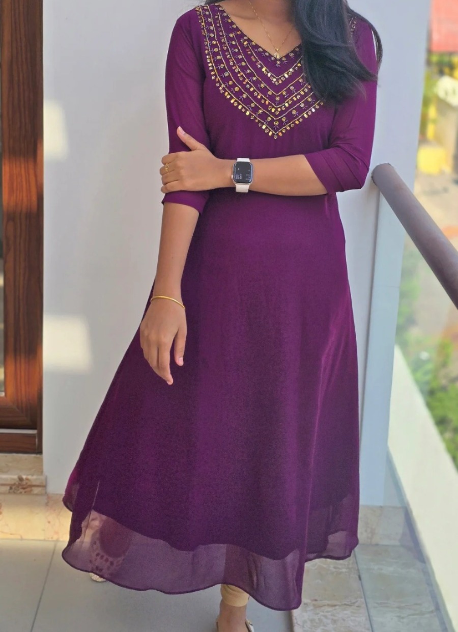 Georgette A line with heavy neck work with crepelining