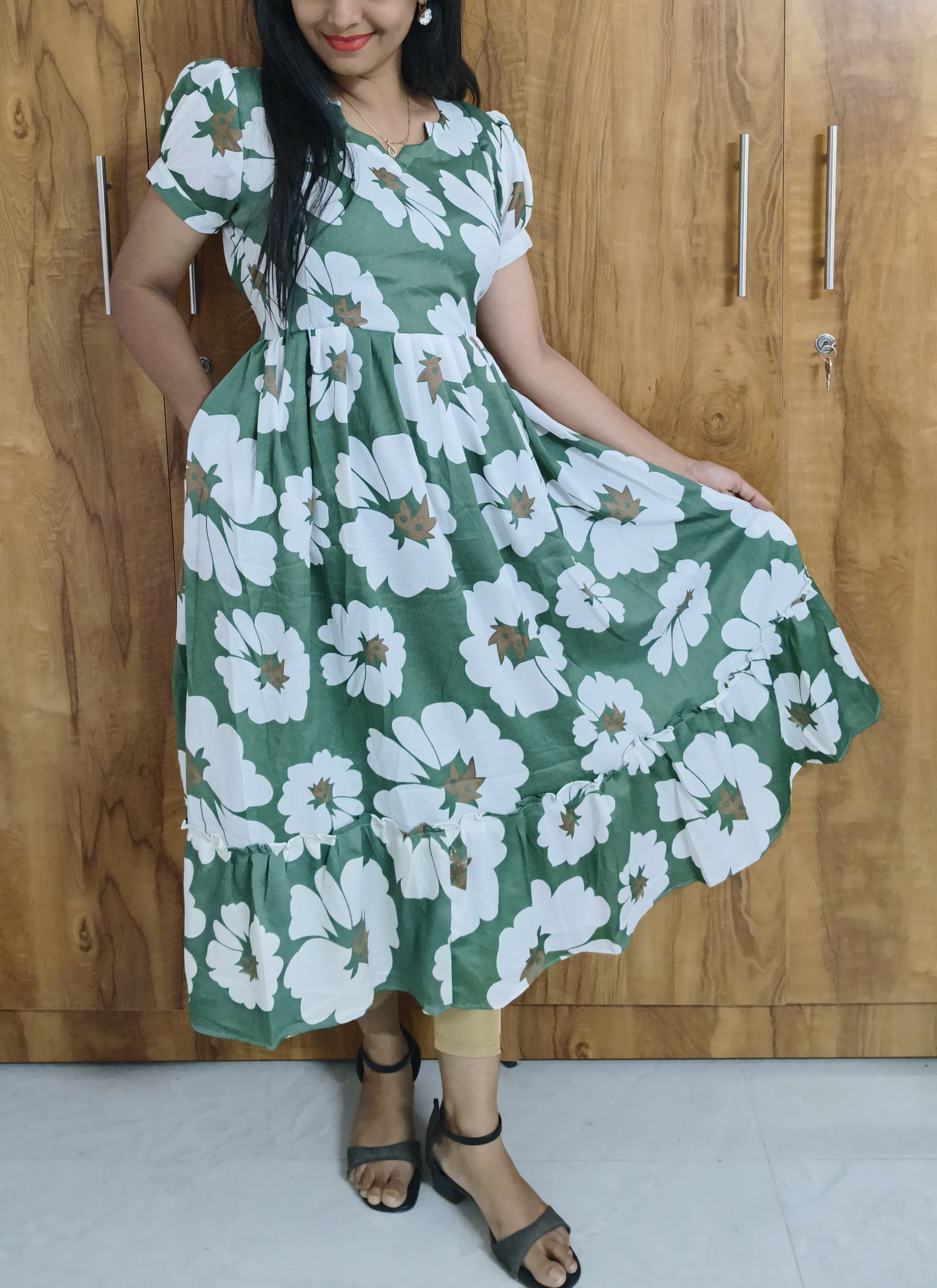 Anbarasi: Pure Delta Crepe Premium 2-Tier Flared Feeding Gown with Puff Sleeves