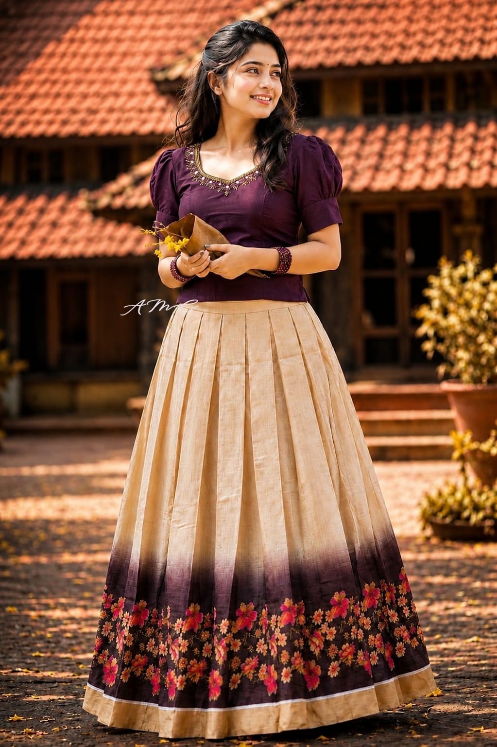 Digital Tissue pavada and slub cotton blouse with lining 
