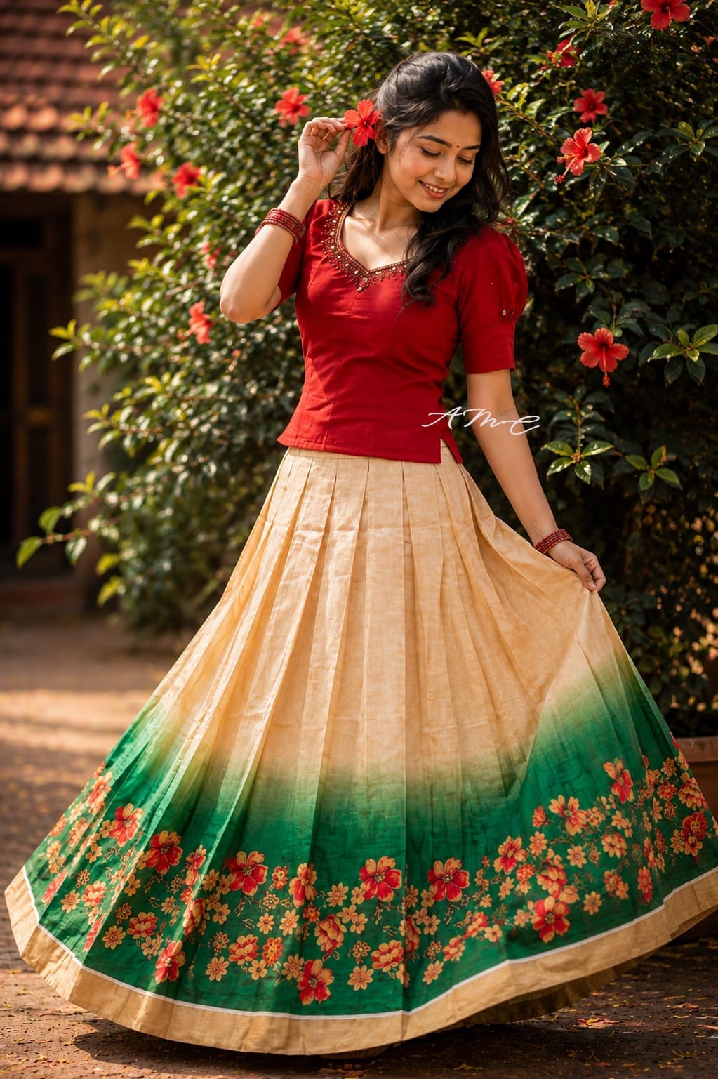Digital Tissue pavada & slub cotton blouse with lining
