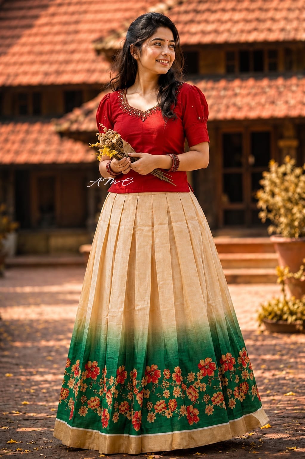Anbarasi: Digital Tissue pavada & slub cotton blouse with lining