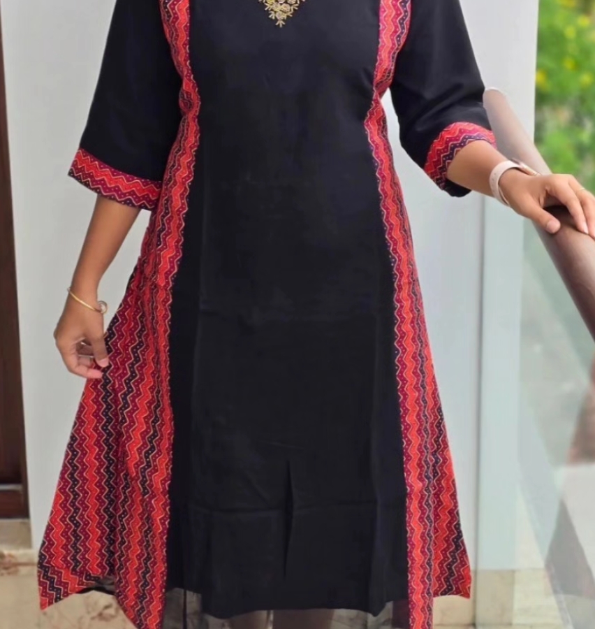 Anbarasi: A-Line Georgette Premium Kurti with Ajrakh Patch Work - 45 inch Height | Sizes S-XXL