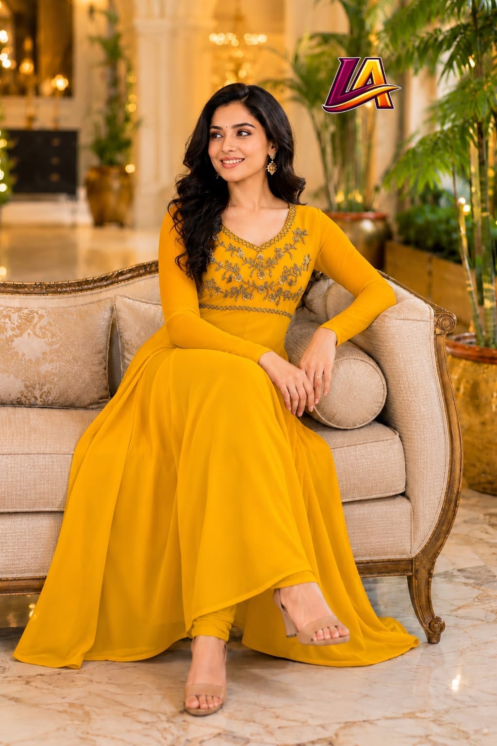 Anbarasi: Georgette with crepe lining handwork on yoke part 