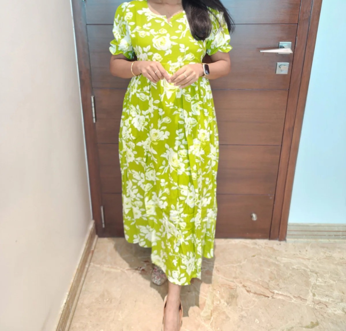 Anbarasi: Rayon Umbrella Cut Feeding Dress with Lining – Puff Sleeve Elegance, Aarral India