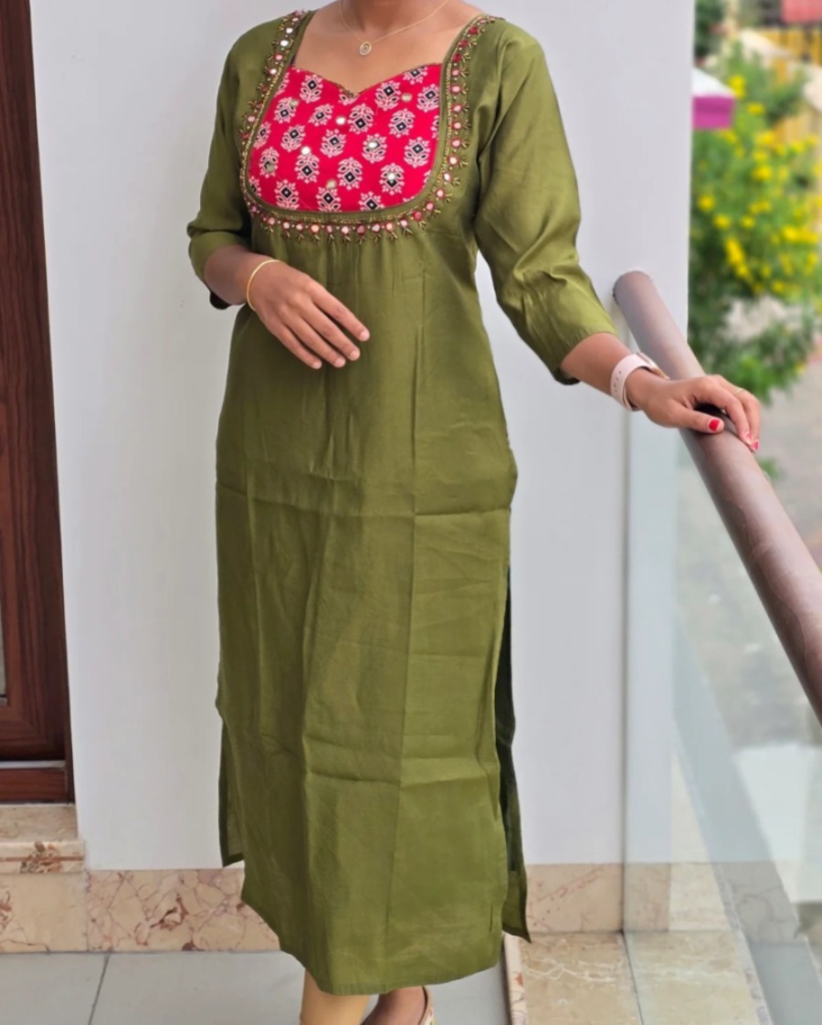 Anbarasi: Roman Silk Straight Cut Kurti with Full Lining and Detailed Handwork - 45 Inch Length, Available in S to XXL