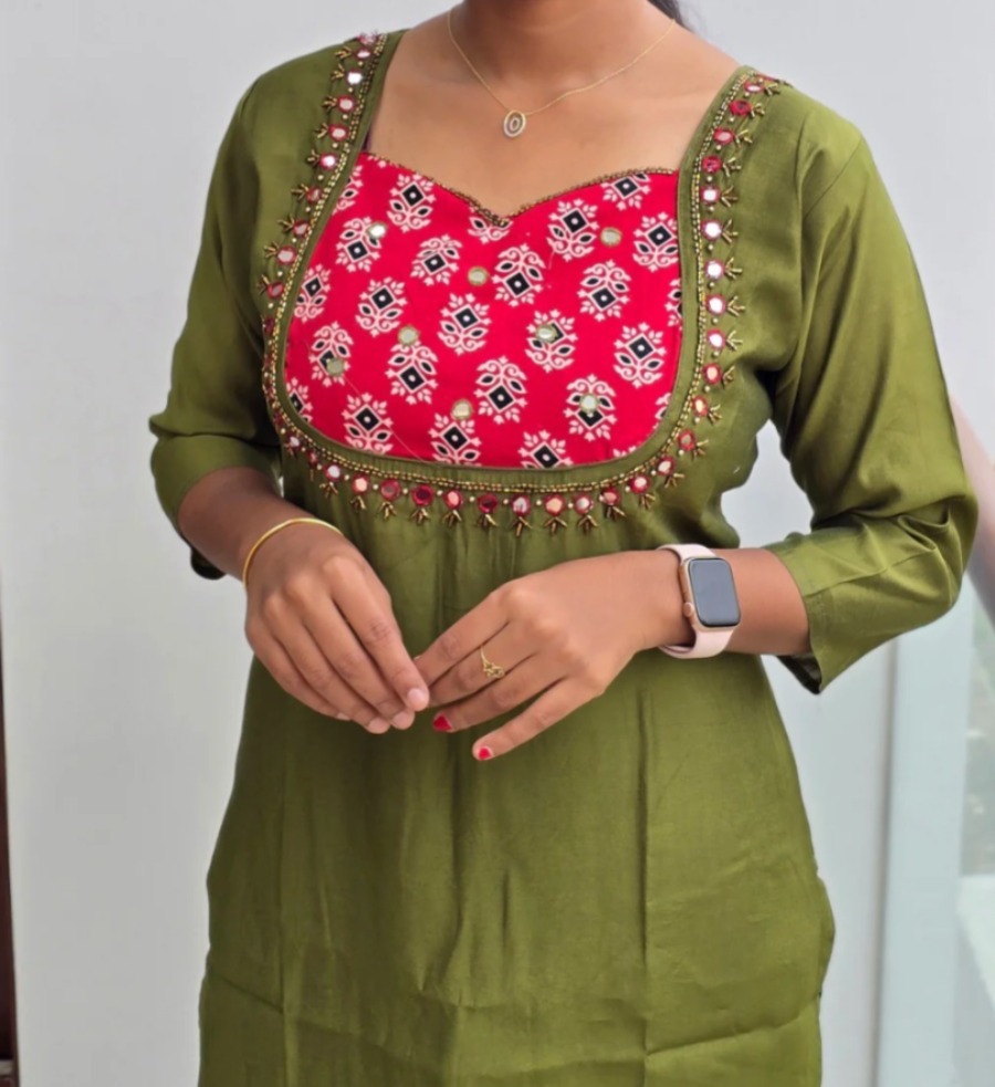 Anbarasi: Roman Silk Straight Cut Kurti with Full Lining and Detailed Handwork - 45 Inch Length, Available in S to XXL