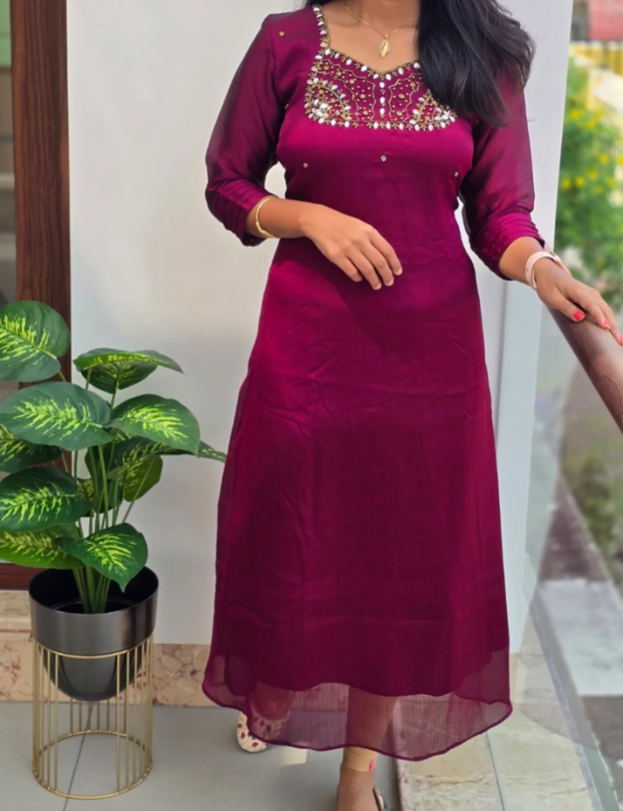 Anbarasi: Elegant A-Line Satin Chiffon Dress with Crepe Lining – 46-Inch Length, 3/4 Sleeves, Sizes S to XXL