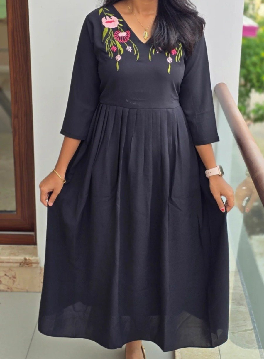 Anbarasi: Umbrella Maxi Dress in Fluffy Rayon with Lining - 3/4 Sleeve, 46 Inch Length, Sizes S-XXL