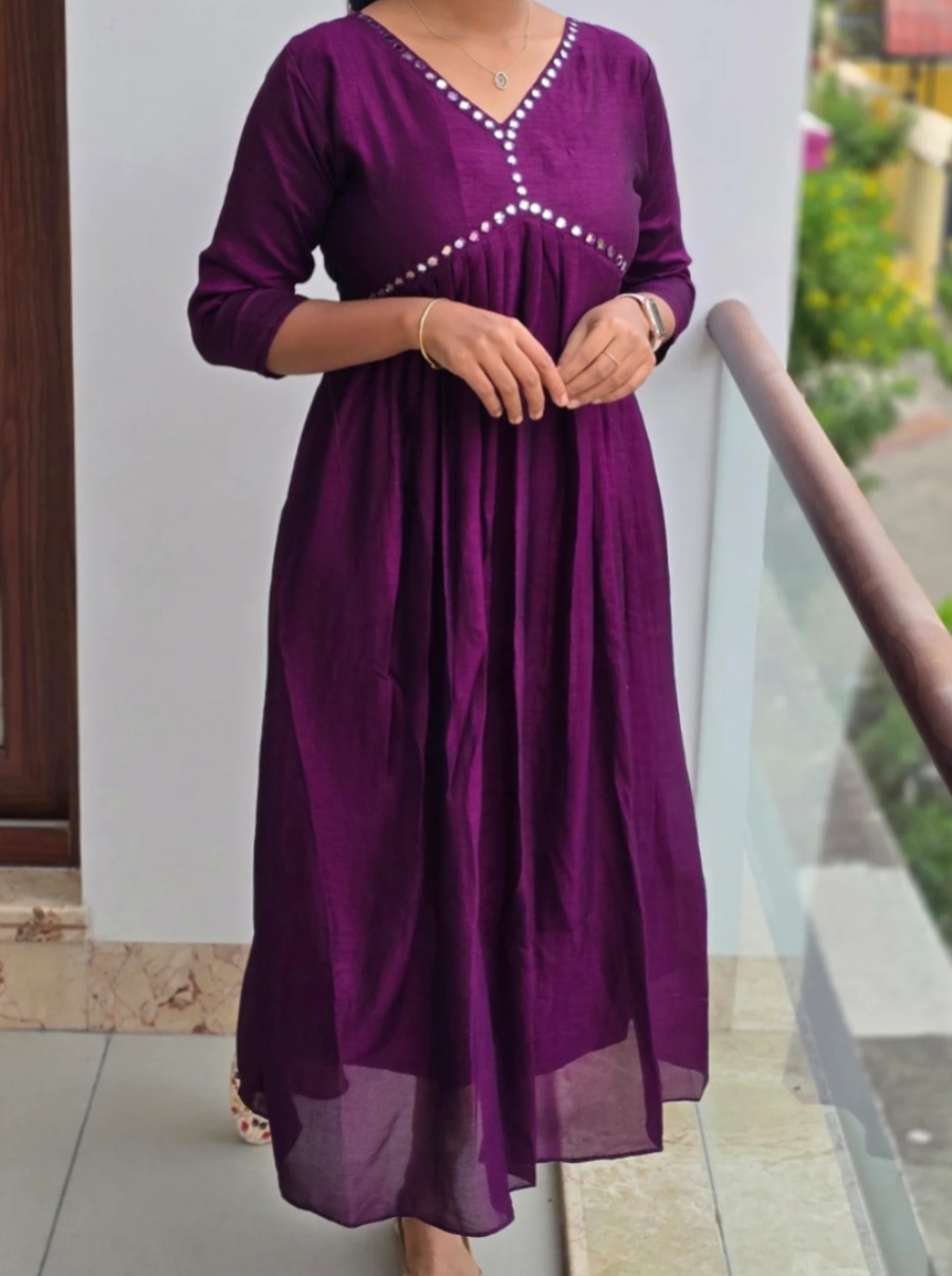 Anbarasi: Aliya Cut Kurtis in Vichitra Silk - 3/4 Sleeves, With Lining (S to XXL, 44 Inch Height)