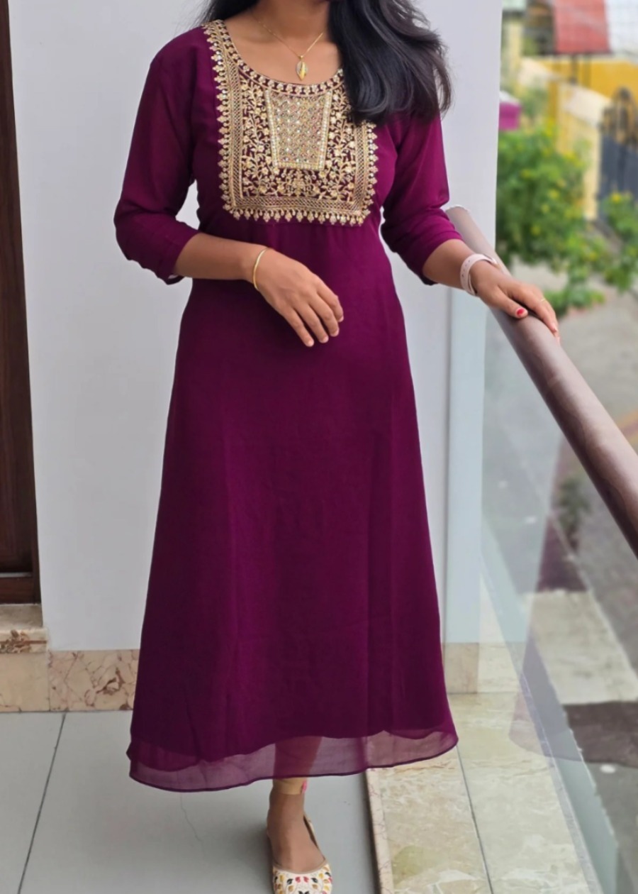 Anbarasi: Premium Georgette Straight Cut Kurtis with Heavy Embroidery – Full Lining, 44 inch Height, Available in S-XXL