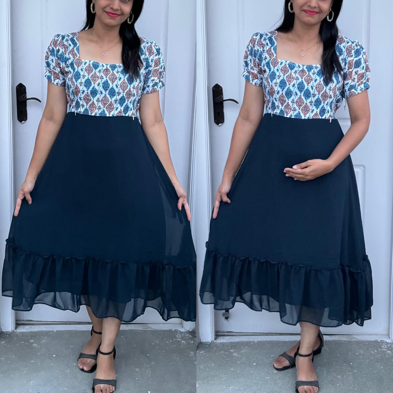 Anbarasi: Feeding Dress with Chickenkari Embroidery & Puff Sleeves | Complete Stitch, Overlock, & Crepe Lining | Maternity Wear | Georgette Fabric | Square Neck & Back Tie Loops | Sizes M-XXL