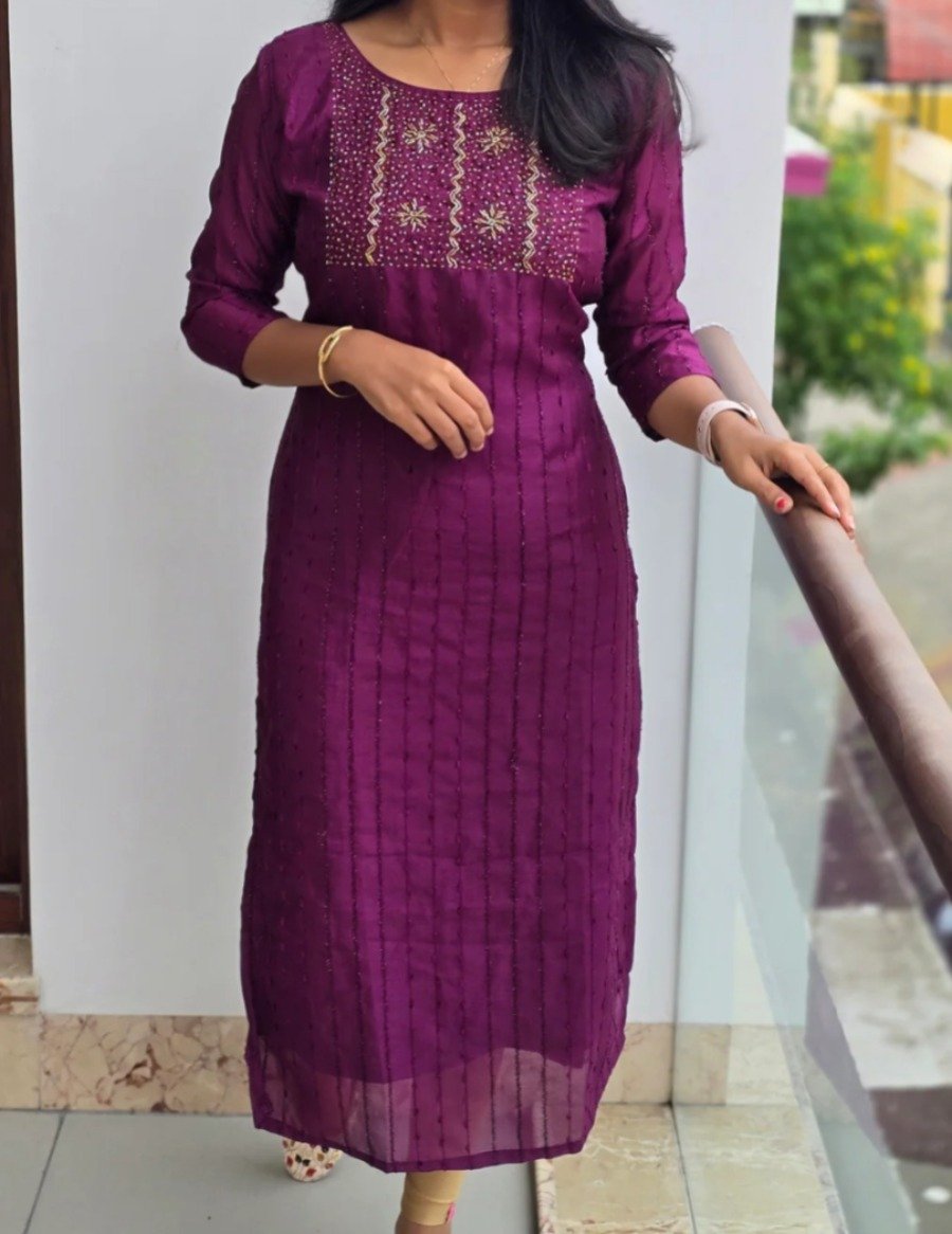 Anbarasi: Vichitra Silk Straight Cut Kurti with Heavy Handwork – 45 Inch Height, 3/4 Sleeve, Full Lining, Sizes S to XXL