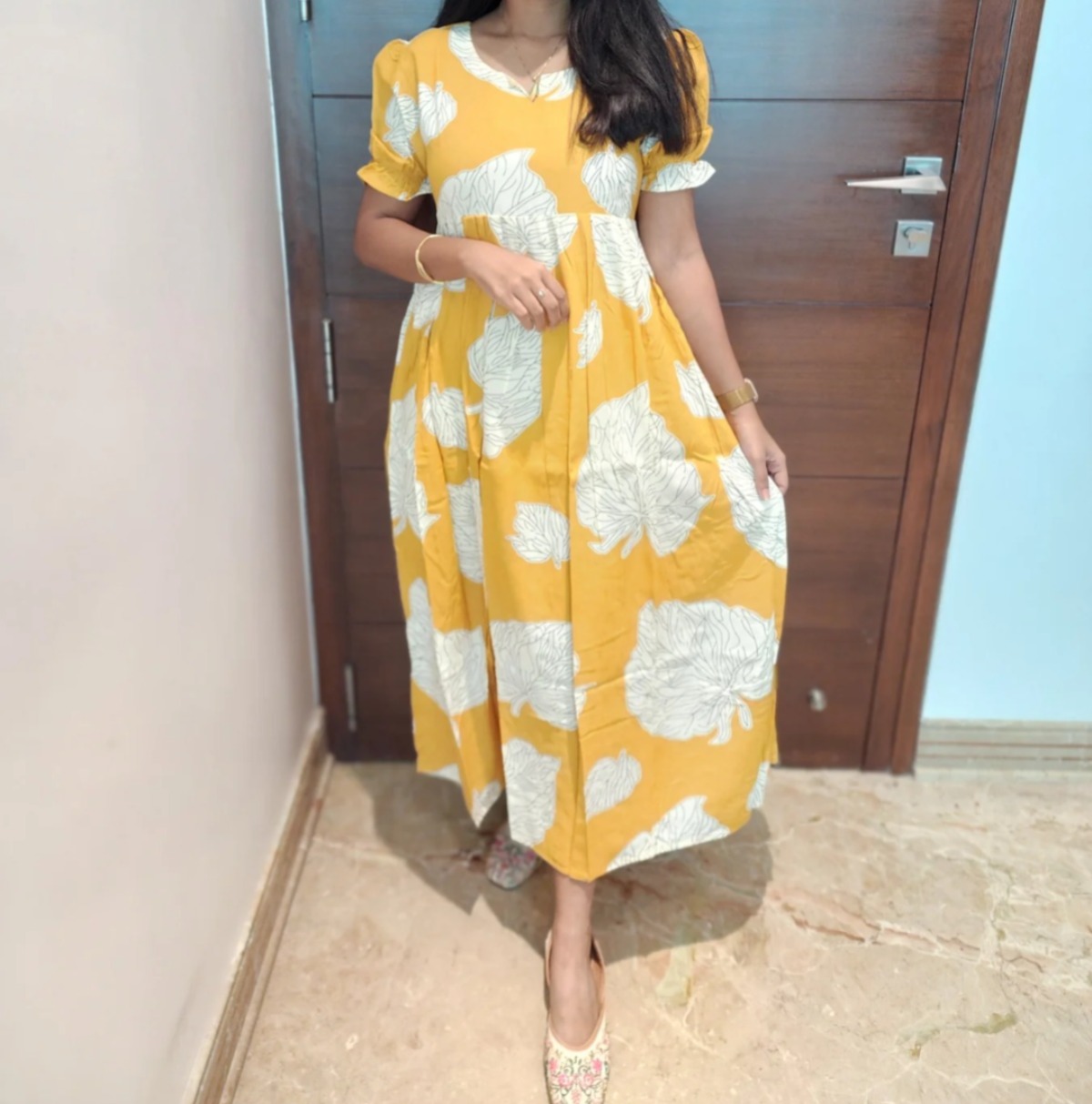 Anbarasi: Rayon Umbrella Cut Feeding Dress with Lining – Puff Sleeve Elegance, Aarral India