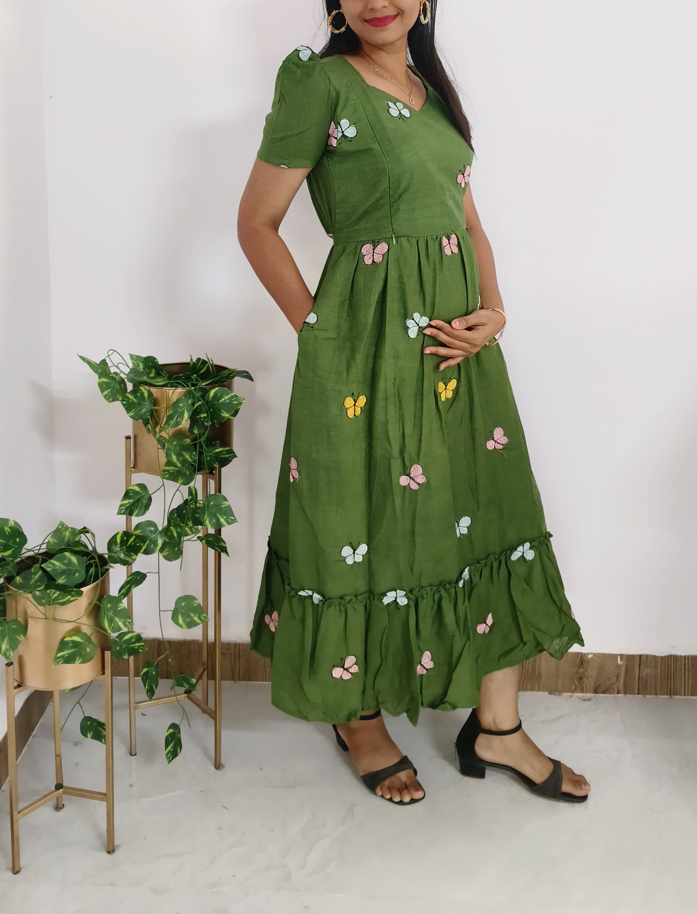 Anbarasi: Maternity-Friendly Butterfly Embroidery Dress - Pure Cotton with Pockets & Invisible Side Zips, Feeding & Non-Feeding with Pockets, Sizes S to XXL