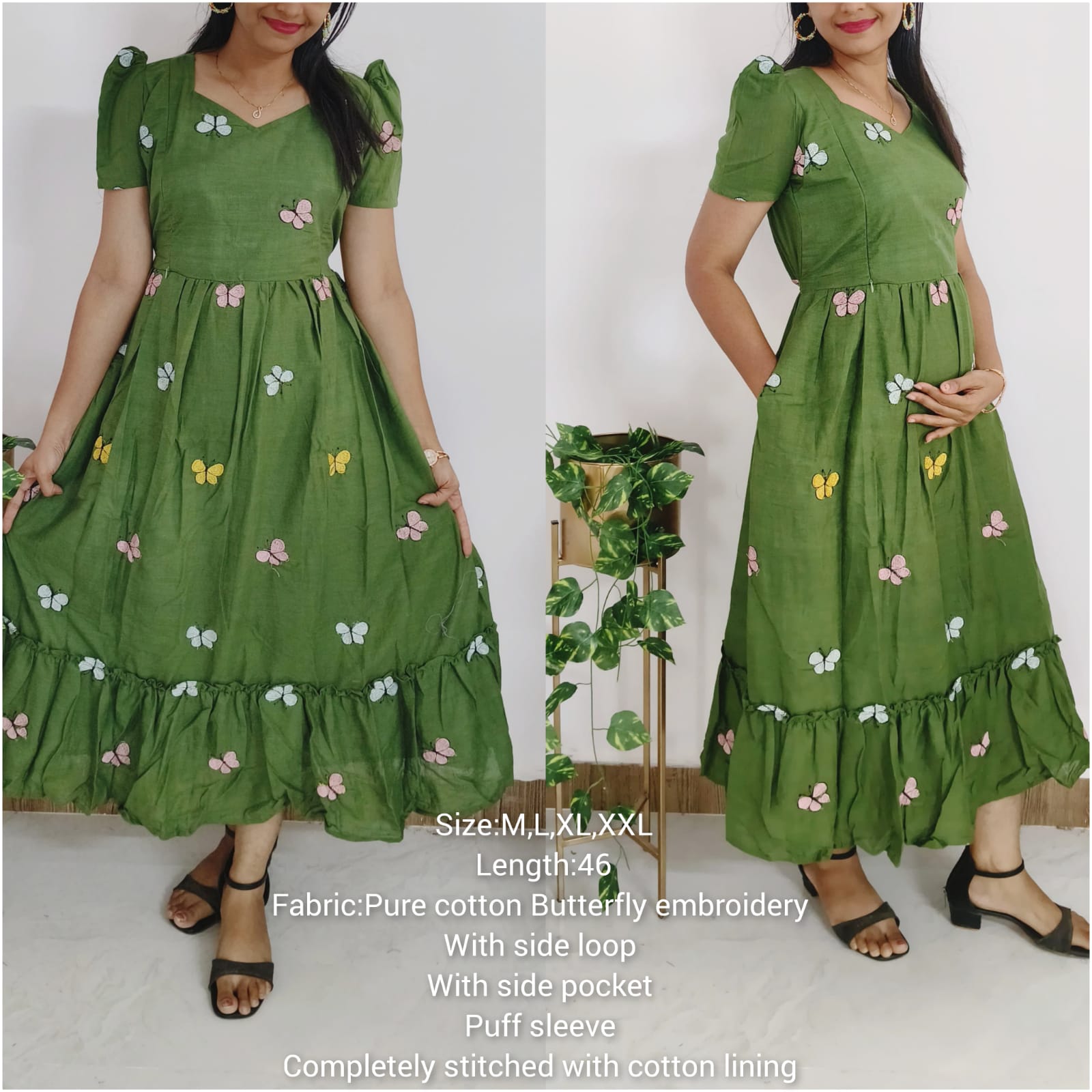 Anbarasi: Maternity-Friendly Butterfly Embroidery Dress - Pure Cotton with Pockets & Invisible Side Zips, Feeding & Non-Feeding with Pockets, Sizes S to XXL