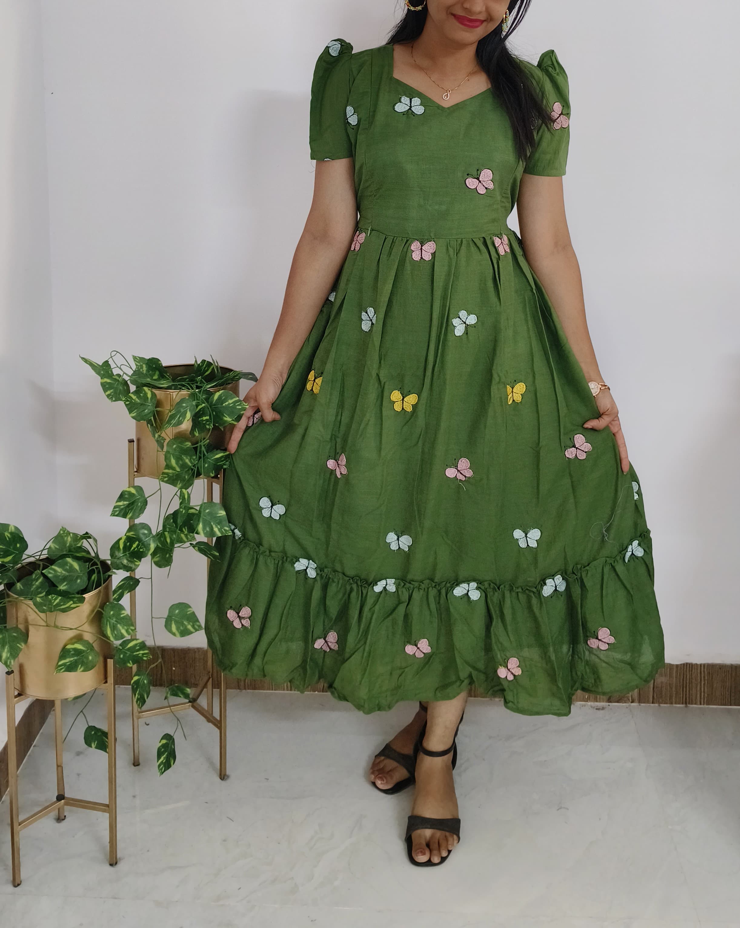 Anbarasi: Maternity-Friendly Butterfly Embroidery Dress - Pure Cotton with Pockets & Invisible Side Zips, Feeding & Non-Feeding with Pockets, Sizes S to XXL