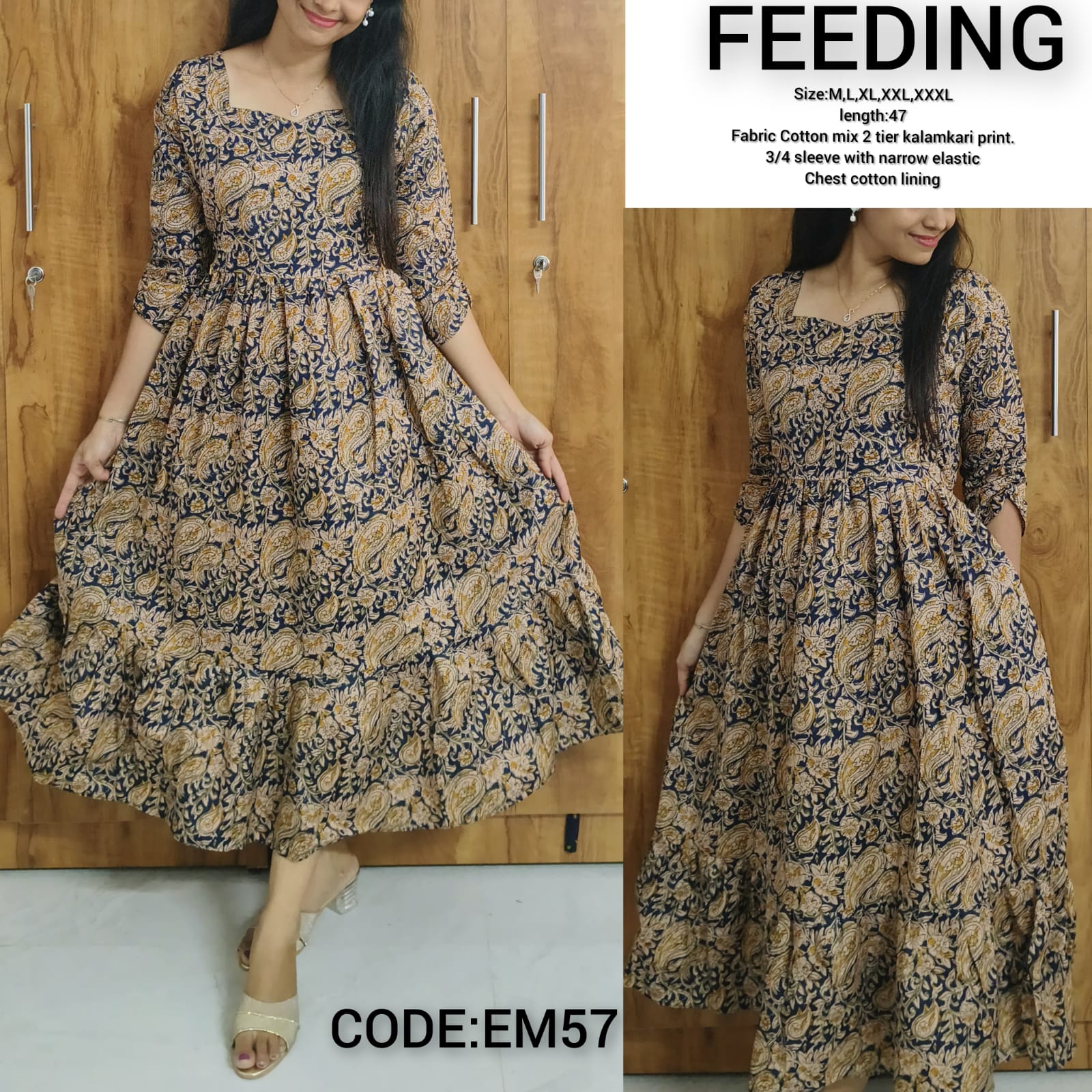 Anbarasi: Cotton kalamkari print 2 tier feeding dress
