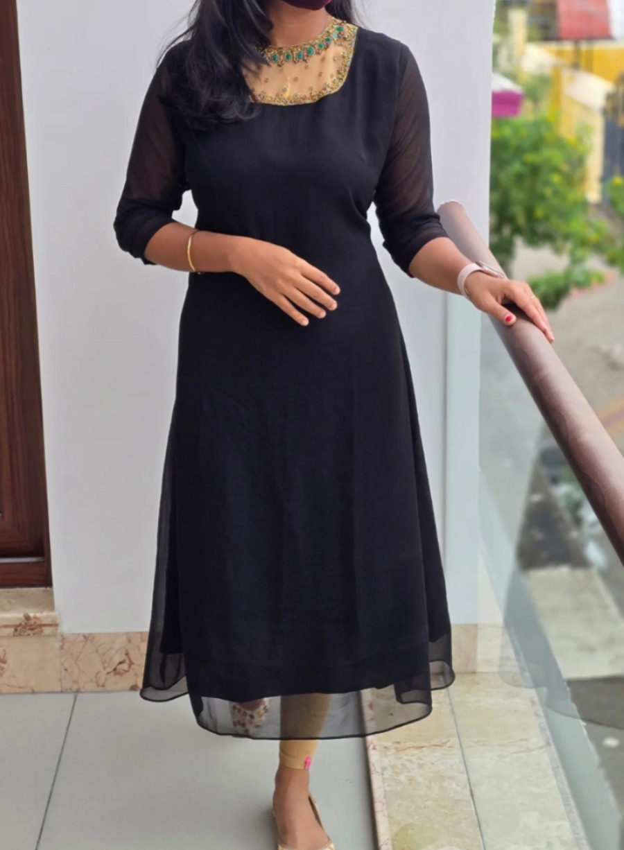 Anbarasi: A-Line Georgette Dress with Heavy Handwork | Sizes S to XXL | 47-inch Height | Full Lining