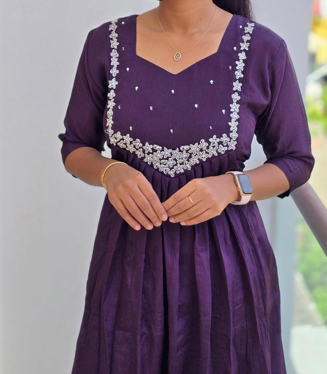 Anbarasi: Vichitra Silk A-Line Kurtis with Heavy Handcrafted Neck Work | Full Lining | 45-inch Height | Sizes S to XXL