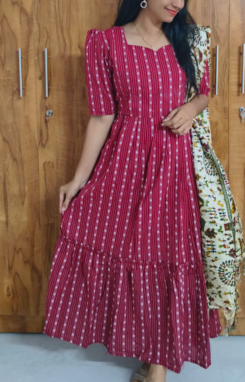 Xmas Cotton 2-Tier Feeding Dress with Full Lining & Khadi Dupatta