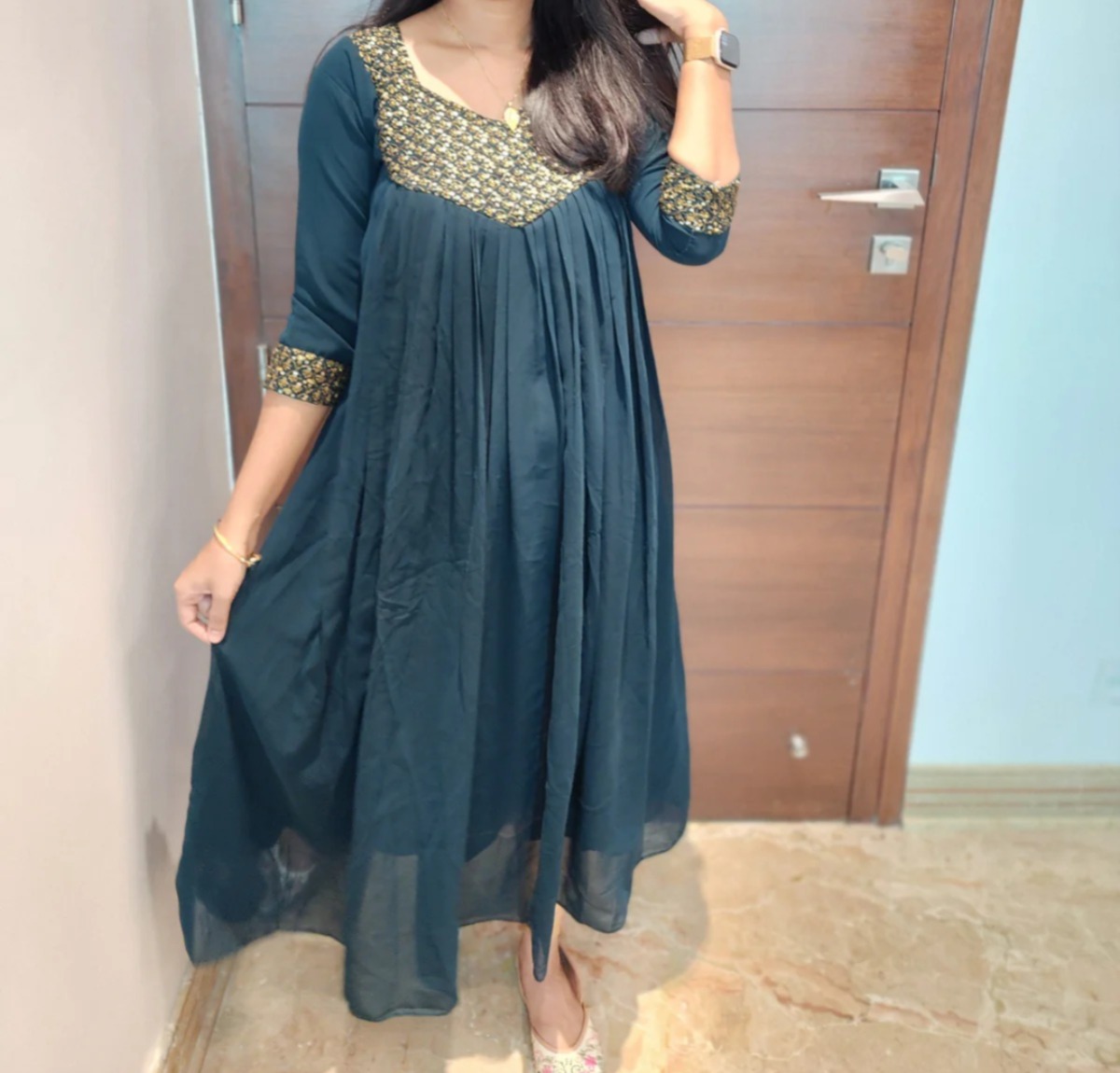 Anbarasi: Georgette A-Line Kurti with Handwork & Crepe Lining | Aarral Collection