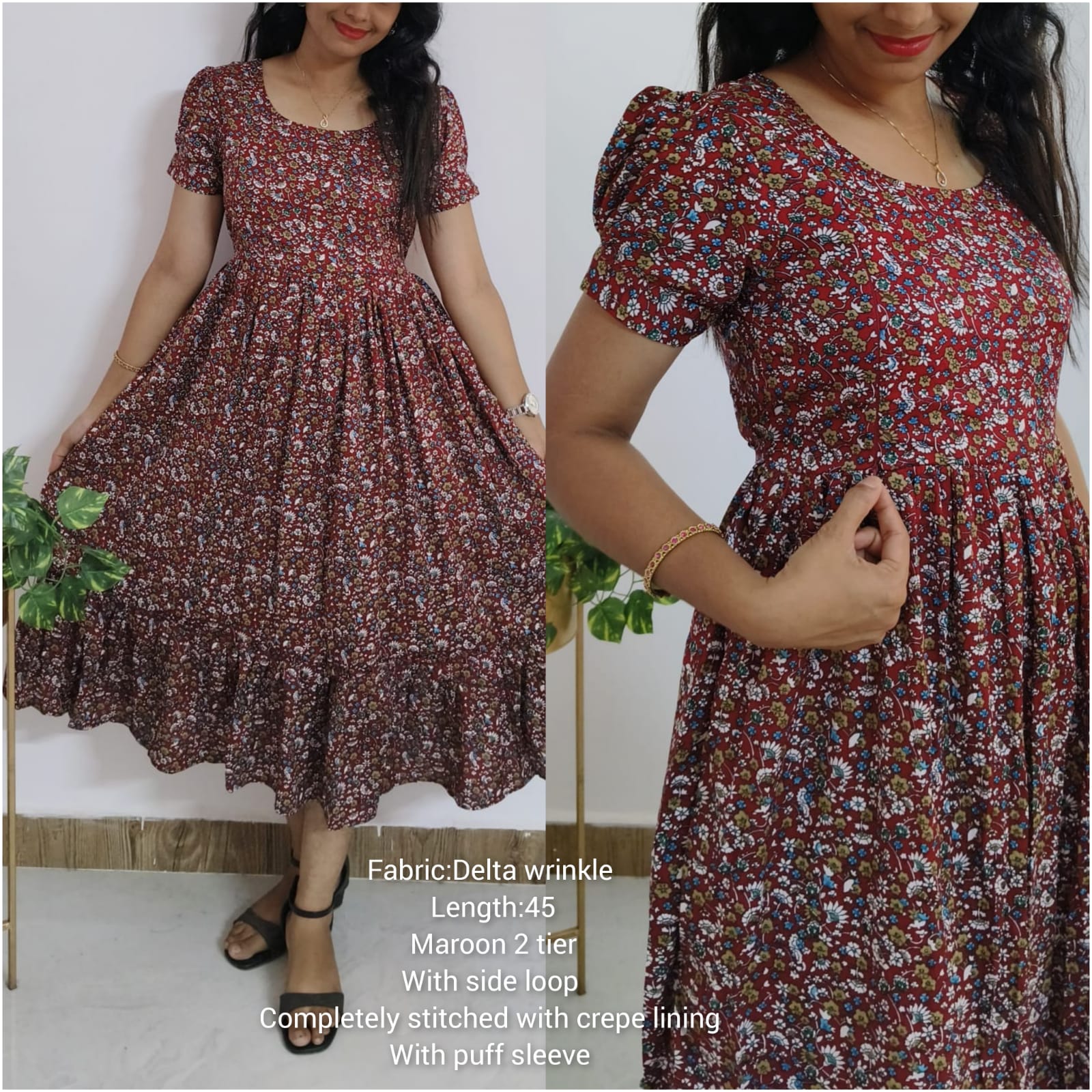 Anbarasi: Delta Wrinkle Fabric Maternity Dress – 2-Tier Frilled, Puff Sleeves, Invisible Zips,Back Tie Loops, Available in S-XL Sizes