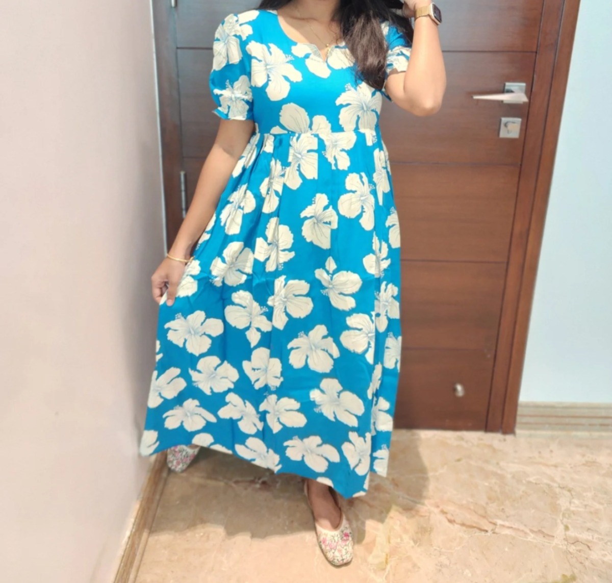 Rayon Umbrella Cut Feeding Dress with Lining – Puff Sleeve Elegance, Aarral India