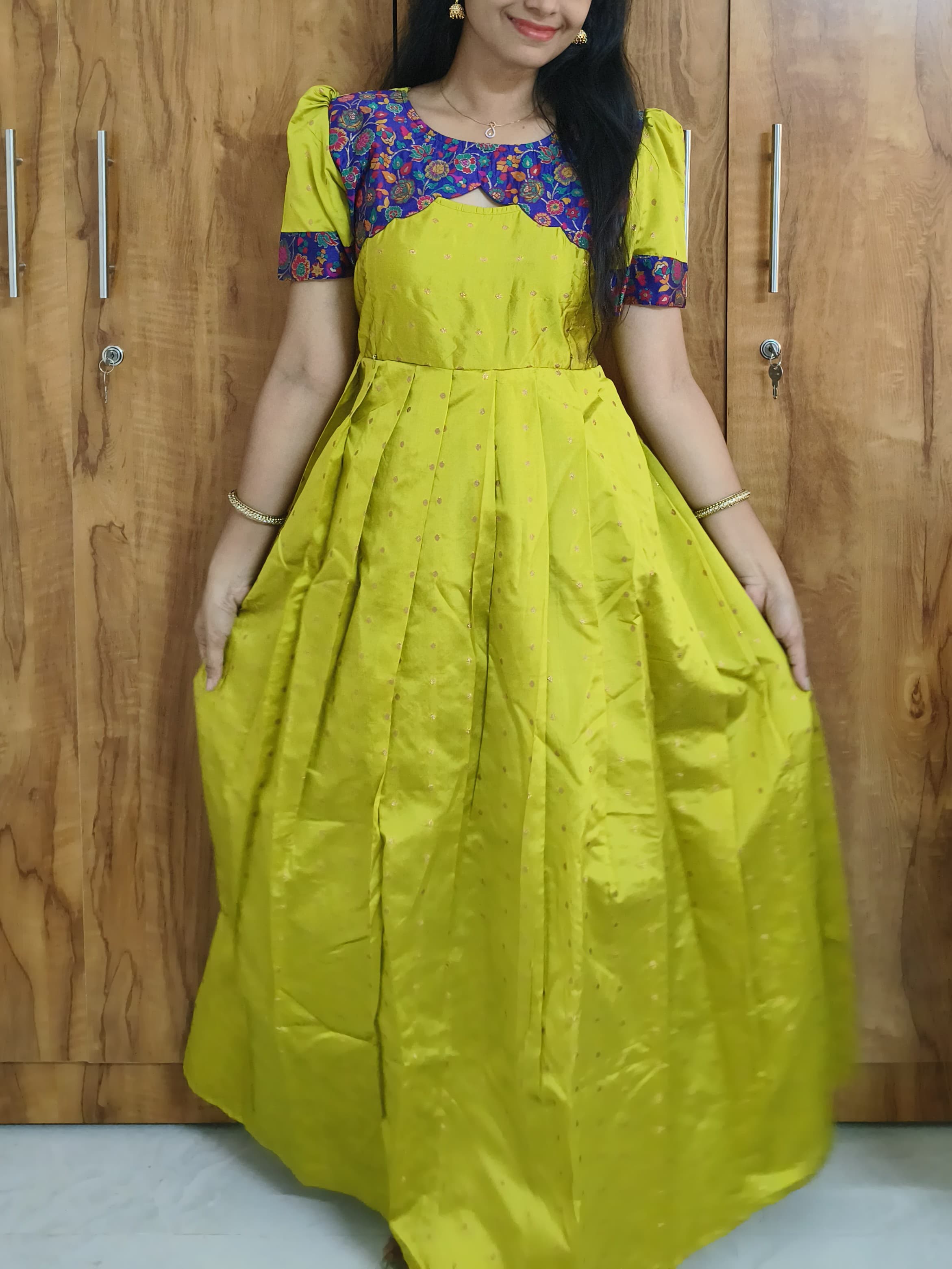 Silk Traditional Feeding Dress with Puff Sleeves & Dual Zip Access