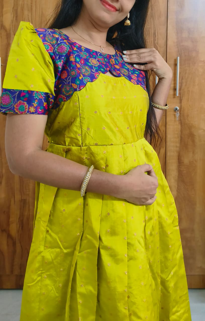 Anbarasi: Silk Traditional Feeding Dress with Puff Sleeves & Dual Zip Access